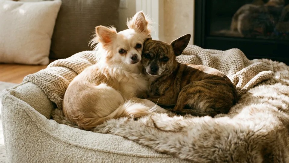 Two Chihuahuas Snuggling In Bed